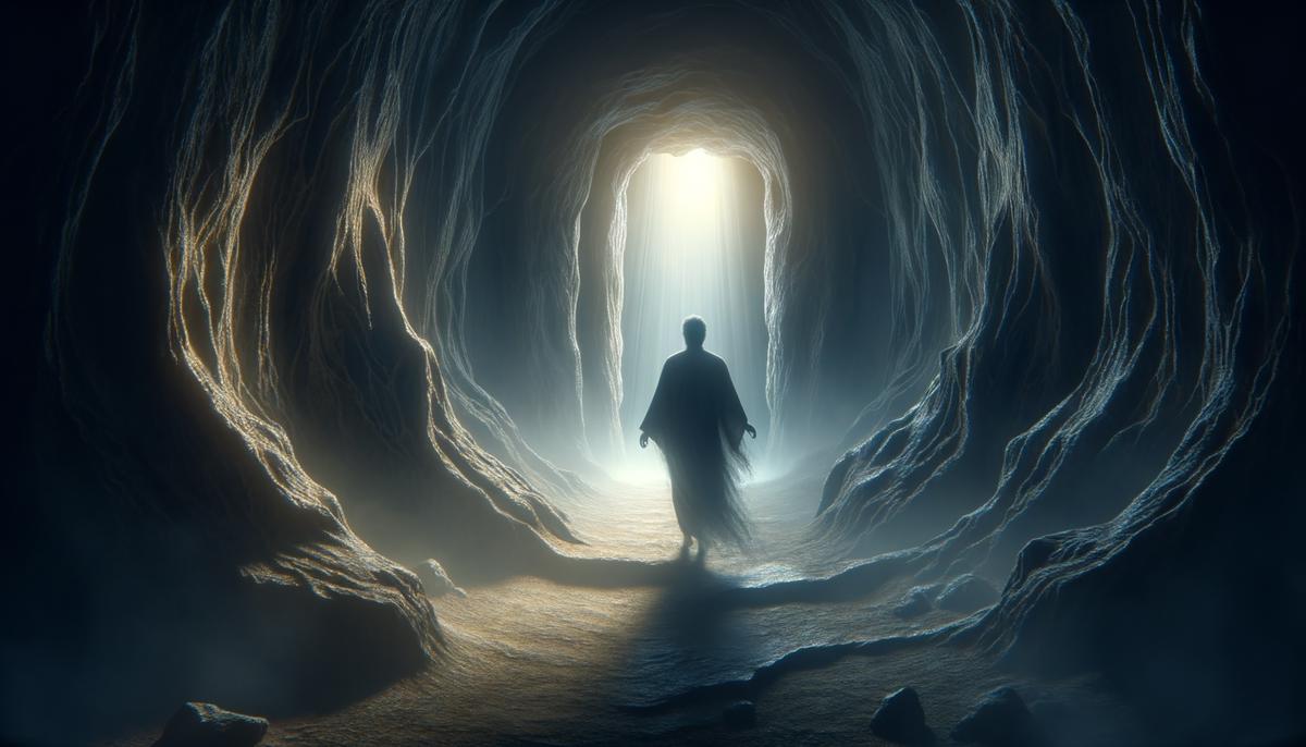 Robed figure descending into a dark subterranean chamber